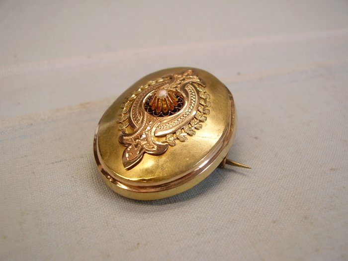 Ingen mindstepris - Broche Skum guld/guld dobbelt -  013ct tw Perle - antik broche+hemmeligt rum