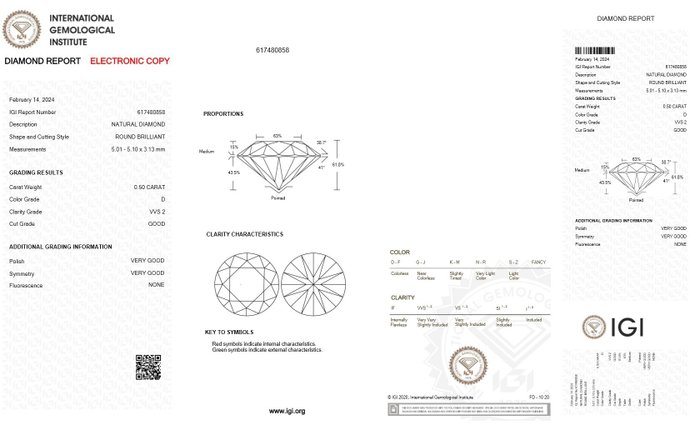 1 pcs Diamant  (Natur)  - 0.50 ct - Rund - D (farveløs) - VVS2 - International Gemological Institute (IGI)