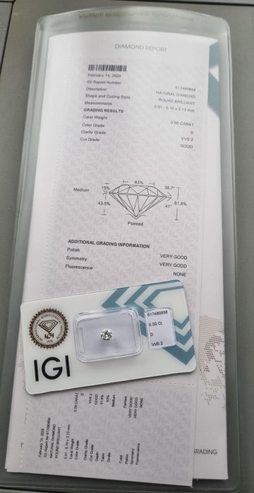 1 pcs Diamant  (Natur)  - 0.50 ct - Rund - D (farveløs) - VVS2 - International Gemological Institute (IGI)