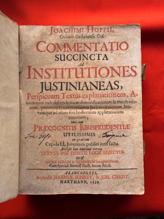 Ioachimus Hoppe - Commentatio Succincta ad Institutiones Justinianeas,  legatura pelle scrofa - 1698