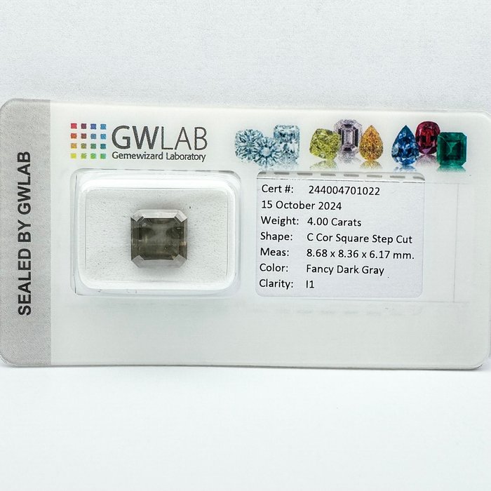 Ingen mindstepris - 1 pcs Diamant  (Naturfarvet)  - 4.00 ct - Firkantet med slebne hjørner - Fancy dark Grå - I1 - Gemewizard Gemological Laboratory (GWLab)