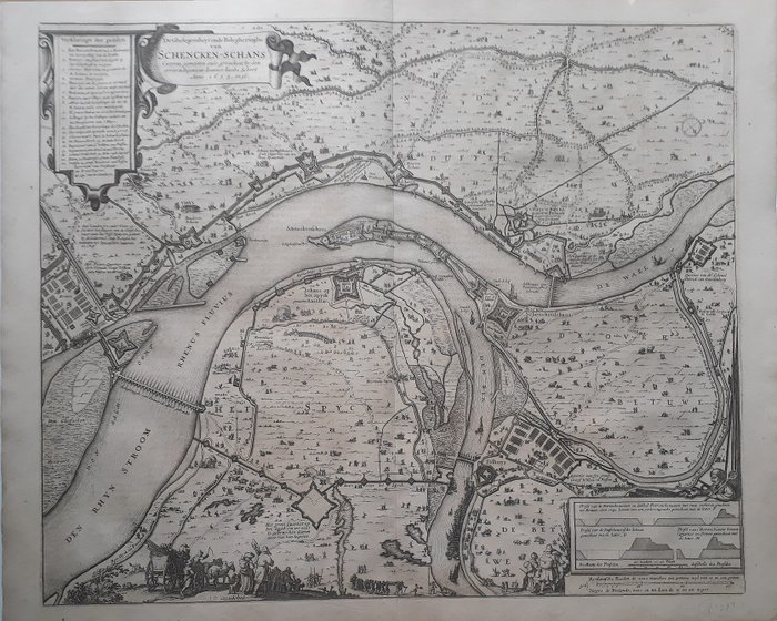 Nederland en Duitsland - Donationsrampe; Claes Jansz. Visscher (II) - De Ghelegentheyt ende Belegheringhe van Schencken Schans Curyeus gemeeten ende geteeckent by den - 1621-1650