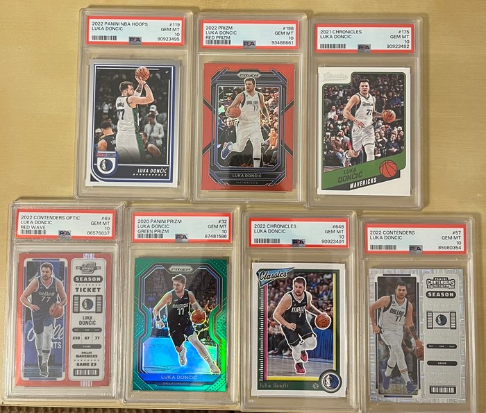 2020 to 2022 Panini Prizm, Chronicles, Contenders Luka Doncic PSA 10 - 7 Graded card