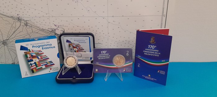 Italien. 2 Euro 2022 "Erasmus" + "Polizia di Stato" (2 monete) Proof + BU  (Ingen mindstepris)