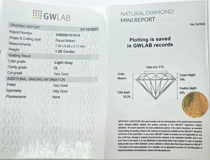 Ingen mindstepris - 1 pcs Diamant  (Naturfarvet)  - 1.26 ct - Rund - Light Grå - I3 - Gemewizard Gemological Laboratory (GWLab)