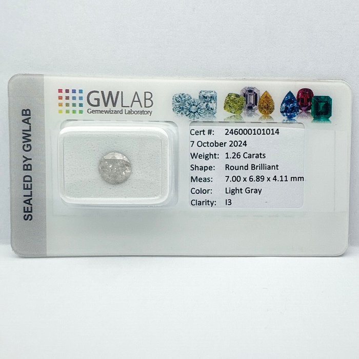 Ingen mindstepris - 1 pcs Diamant  (Naturfarvet)  - 1.26 ct - Rund - Light Grå - I3 - Gemewizard Gemological Laboratory (GWLab)