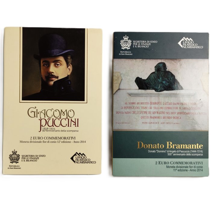 San Marino. 2 Euro 2014 "Giacomo Puccini" + "Donato Bramante" (2 coins)  (Ingen mindstepris)