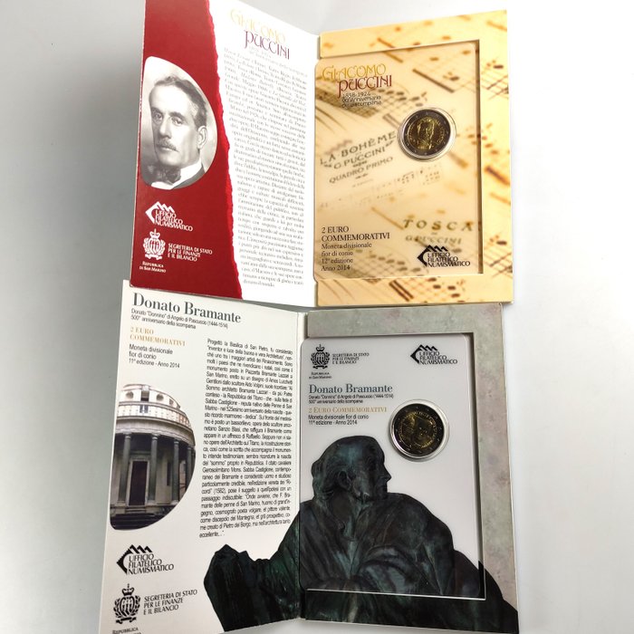 San Marino. 2 Euro 2014 "Giacomo Puccini" + "Donato Bramante" (2 coins)  (Ingen mindstepris)