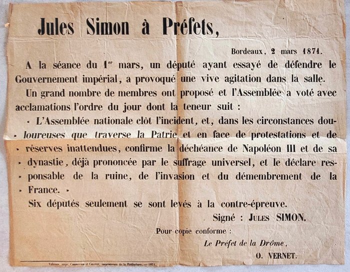 Dokument - Jules Simon - Affiche proclamant la déchéance de Napoléon III à l'Assemblée Nationale - 1871