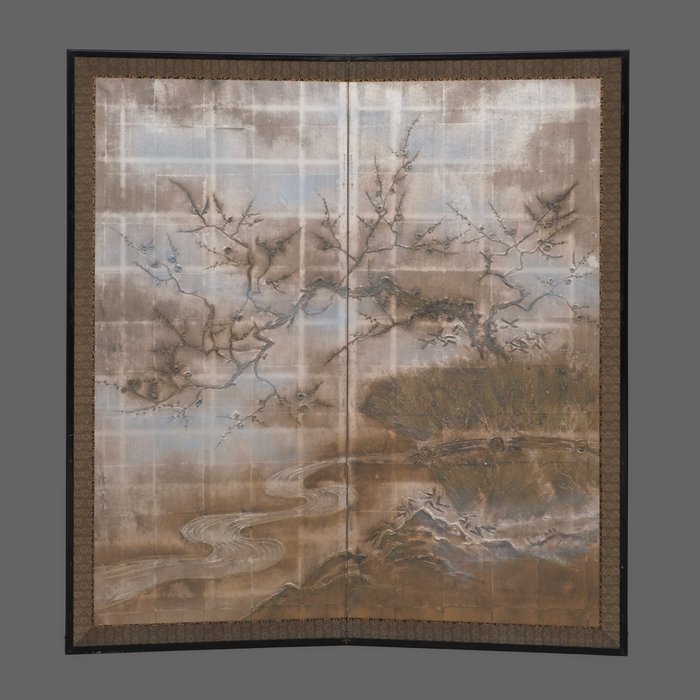 Byôbu 屏風 (foldeskærm) - Gofun, Sølvblad, Silke, Træ - Japan - 1800-tallet (sen Edo-periode/tidlig Meiji-periode)