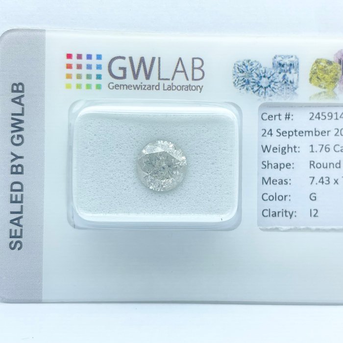 Ingen mindstepris - 1 pcs Diamant  (Natur)  - 1.76 ct - Rund - G - I2 - Gemewizard Gemological Laboratory (GWLab)