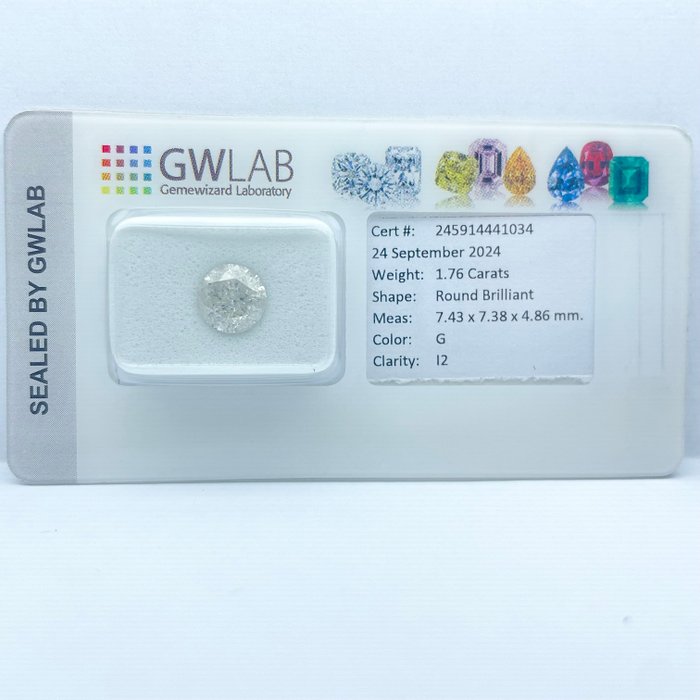 Ingen mindstepris - 1 pcs Diamant  (Natur)  - 1.76 ct - Rund - G - I2 - Gemewizard Gemological Laboratory (GWLab)