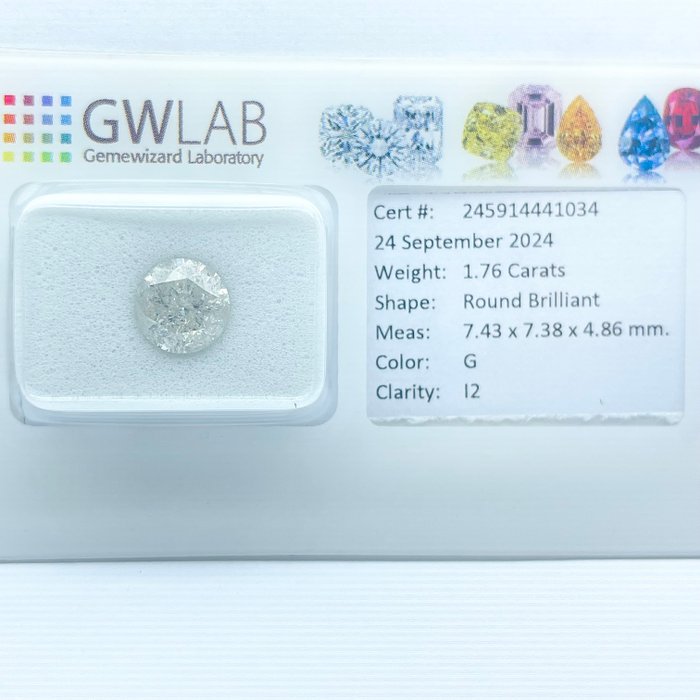 Ingen mindstepris - 1 pcs Diamant  (Natur)  - 1.76 ct - Rund - G - I2 - Gemewizard Gemological Laboratory (GWLab)