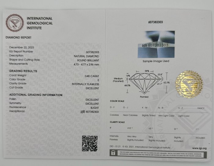 1 pcs Diamant  (Natur)  - 0.40 ct - Rund - E - IF - International Gemological Institute (IGI) - *3EX*