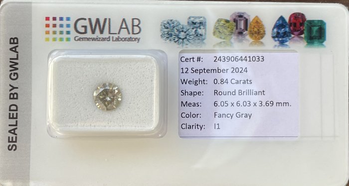 Ingen mindstepris - 1 pcs Diamant  (Natur)  - 084 ct - Rund - I1 - Gemewizard Gemological Laboratory (GWLab) - Fancy grå