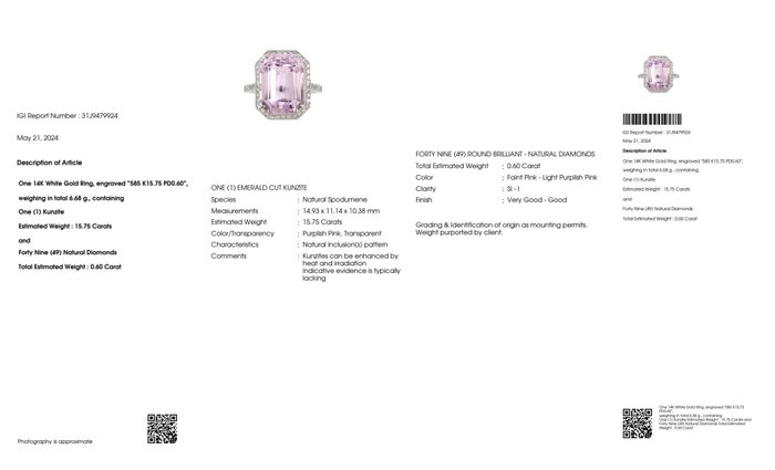 Ingen mindstepris - Ring - 14 karat Hvidguld -  16.35ct. tw. Kunzit - Diamant - IGI 15,75 ct Pink