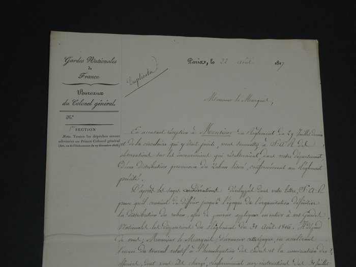 François Xavier Antoine de Kentzinger - Lettre autographe signée à Monsieur le Marquis et son duplicata - 1817