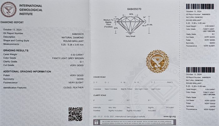 Ingen mindstepris - 1 pcs Diamant  (Naturfarvet)  - 0.53 ct - Rund - Fancy light Grå Brun - SI1 - International Gemological Institute (IGI)