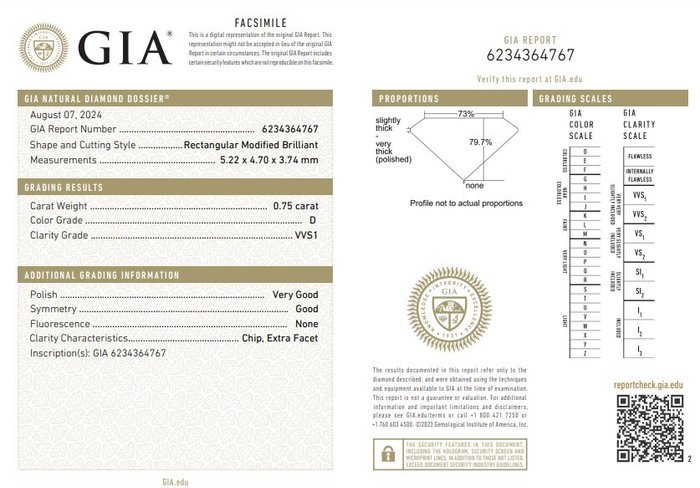 Ingen mindstepris - 1 pcs Diamant  (Natur)  - 0.75 ct - Rektangel - D (farveløs) - VVS1 - Gemological Institute of America (GIA)