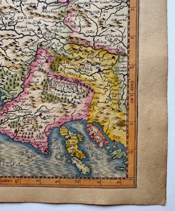 Italien - Venedigbugten og Triestebugten, herunder Friuli og Istrien; G. Mercator/J. Hondius/J. Cloppenburgh - Forum Iulium Karstia, Carniola Histria et Windorum Marchia - 1621-1650