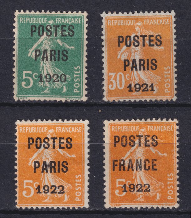 Frankrig 1920 - Pre-annullerede "Poste Paris" og "Poste France" nr. 24, 29, 30 og 36 brugt, - Yvert