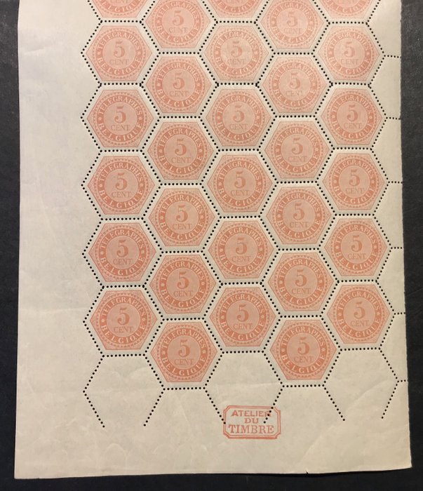 Belgien 1879 - Telegrafstempel på foret baggrund: 5c Rød okker - Feltdel af 47 - POSTFRIS - OBP TG9 - ZONDER RESERVEPRIJS