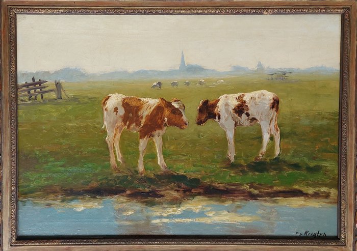 Fedor van Kregten (1871-1937) - Hollands landschap met 2 koeien - 2 Pinken -