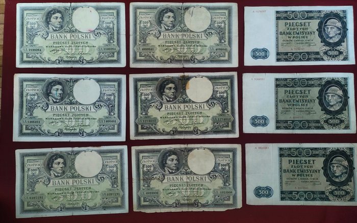 Polen. - 9 x 500 Złoty - various dates - Pick 58 (6) and 98 (3)  (Ingen mindstepris)