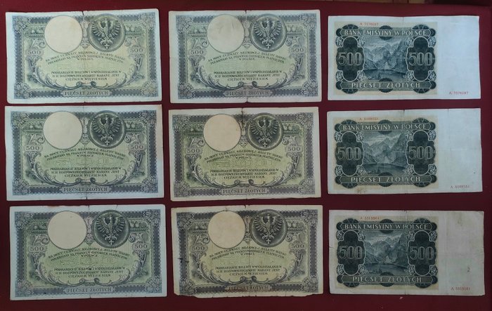 Polen. - 9 x 500 Złoty - various dates - Pick 58 (6) and 98 (3)  (Ingen mindstepris)