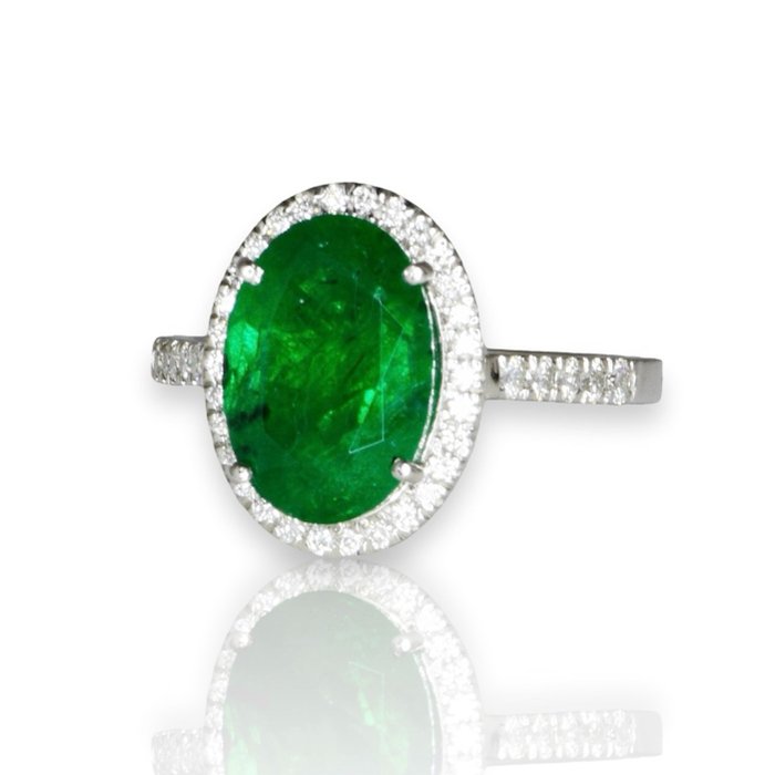 Ring Platin -  3.88ct. tw. Smaragd - Diamant - Eksklusiv Emerald Ring