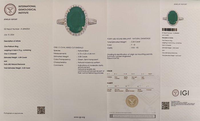 Ring Platin -  3.88ct. tw. Smaragd - Diamant - Eksklusiv Emerald Ring