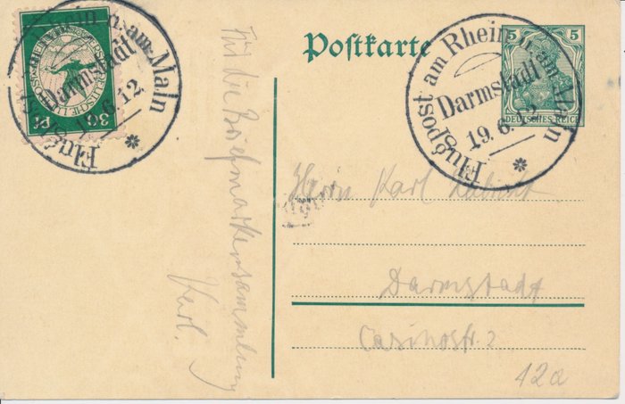 Tyske Kejserrige 1912 - Rhein-Main luftpost 30 Pf enkelt frankering på postpapir 5 Pf Germania, meget sjælden - Michel Nr. III, Stempel Darmstadt 19.06.12