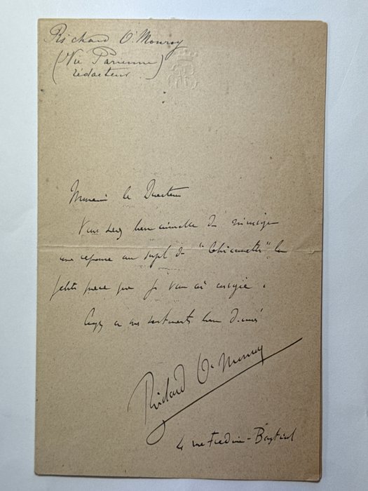 Richard O'Monroy (1849-1916) romancier et nouvelliste français - Lettre autograph signé du redaction "Vie Parisienne" - 1880