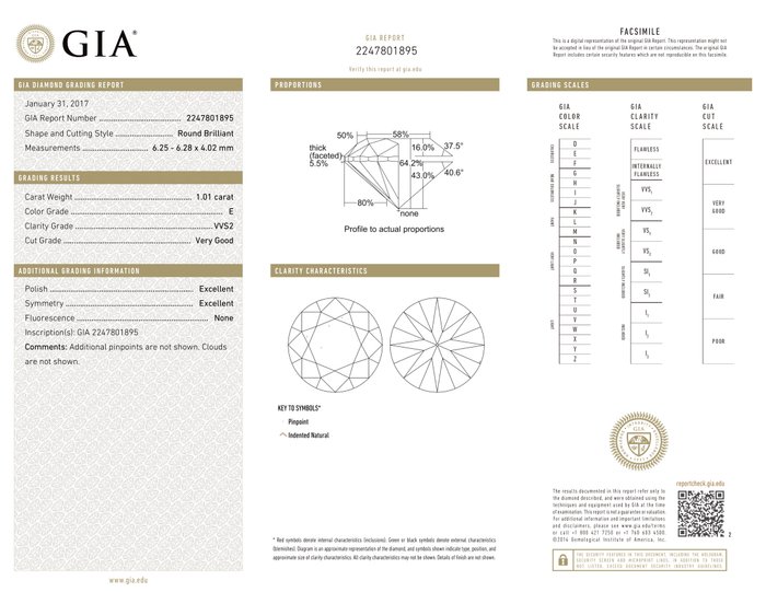 Ingen mindstepris - 1 pcs Diamant  (Natur)  - 1.01 ct - Rund - E - VVS2 - Gemological Institute of America (GIA) - *VG EX EX Ingen*