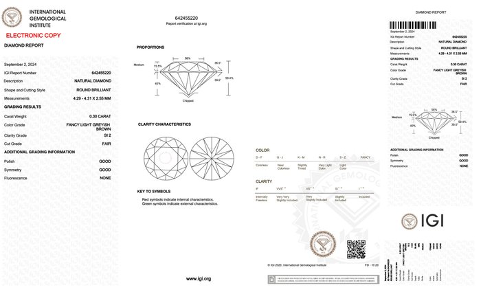 Ingen mindstepris - 1 pcs Diamant  (Naturfarvet)  - 0.30 ct - Rund - Fancy light Grålig Brun - SI2 - International Gemological Institute (IGI)