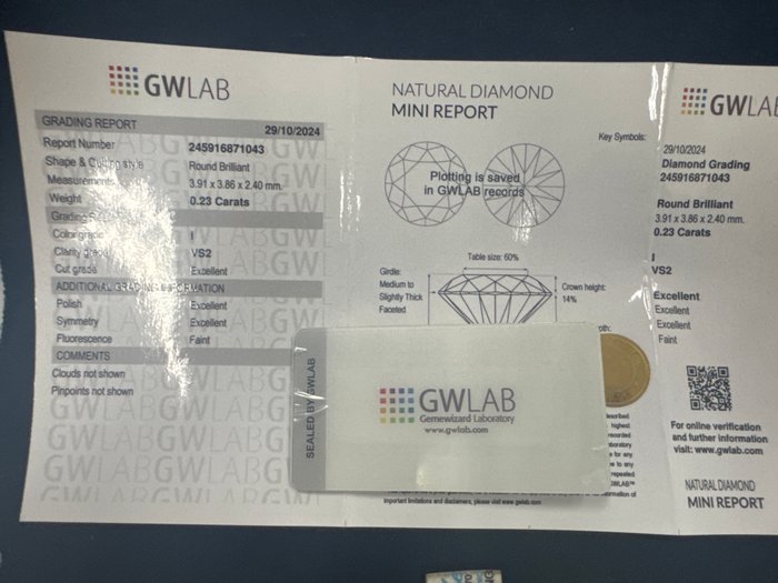 Ingen mindstepris - 1 pcs Diamant  (Natur)  - 0.23 ct - Rund - I - VS2 - Gemewizard Gemological Laboratory (GWLab)