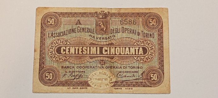 Italien. - 50 centesimi di Lira 1893 Torino Associazione Generale Degli Operai - Gav. Boa. 06.0367.1