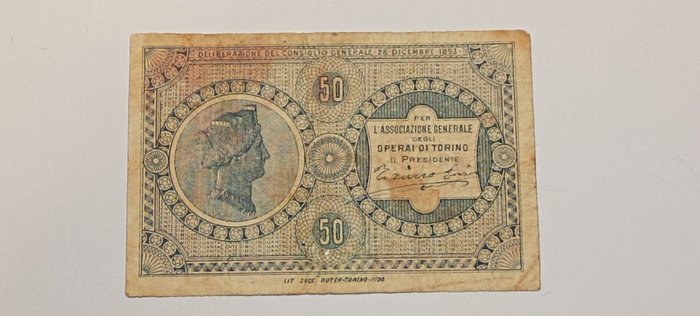 Italien. - 50 centesimi di Lira 1893 Torino Associazione Generale Degli Operai - Gav. Boa. 06.0367.1