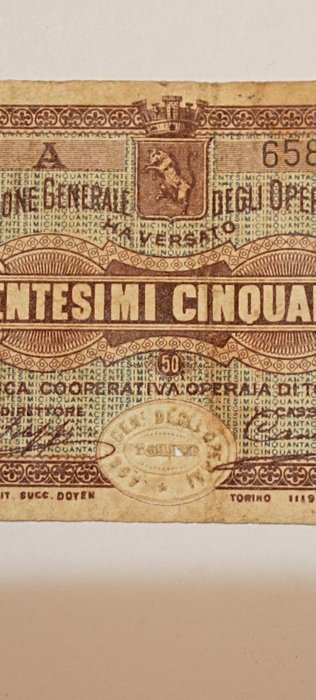 Italien. - 50 centesimi di Lira 1893 Torino Associazione Generale Degli Operai - Gav. Boa. 06.0367.1