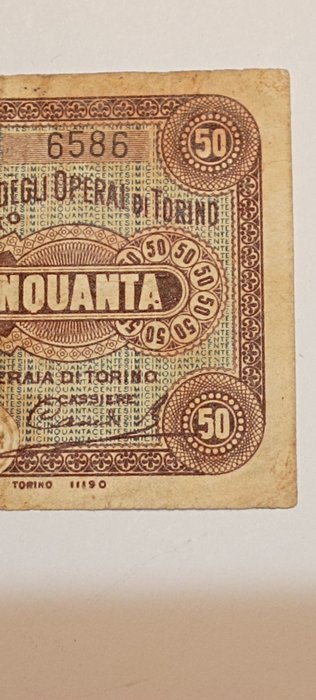 Italien. - 50 centesimi di Lira 1893 Torino Associazione Generale Degli Operai - Gav. Boa. 06.0367.1