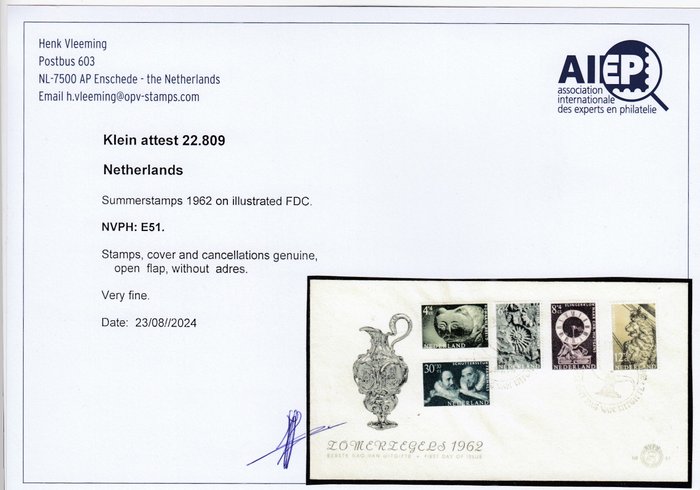 Holland 1962/1962 - Holland Zomerzegels 1962 NVPH: E51 FDC Med VLEEMING Certifikat