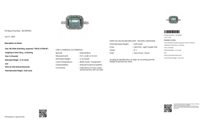 Ingen mindstepris - Ring - 18 kraat Hvidguld -  276ct tw Smaragd - Diamant - IGI 216 ct blålig grøn