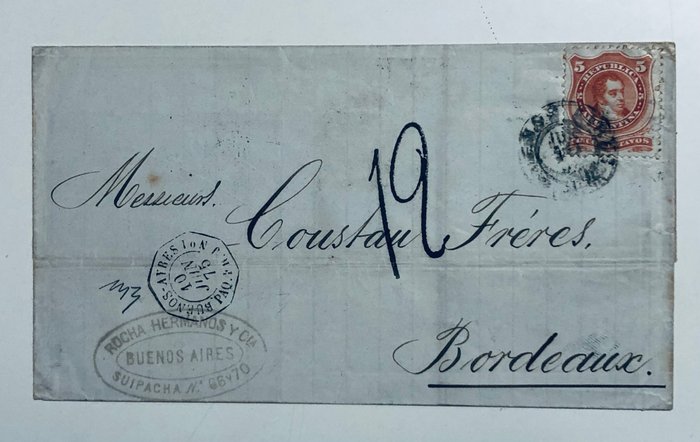 Argentina 1870/1875 - Argentina 5 Centavos 1875 Buenos Aires til søs paqueboat skat Frankrig bordeaux