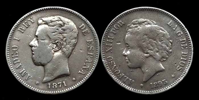 Spanien. 2 Moedas - 5 Pesetas - Amadeo I 1971 SDM *71 e 5 Pesetas - Alfonso XIII 2nd portrait 1893 PGL  (Ingen mindstepris)