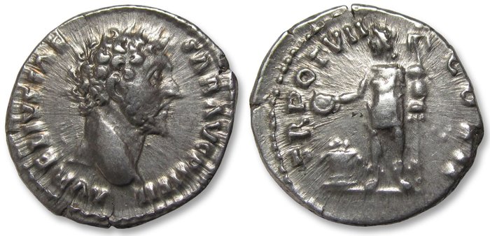 Romarriket. Marcus Aurelius as Caesar under Antoninus Pius. Denarius Rome mint circa 152-153 A.D. - TR POT VII COS II, Genius standing left -