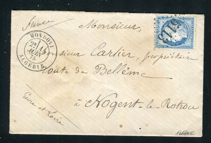 Frankrig 1875 - Fremragende og sjældent brev fra Mondovi til Nogent le Rotrou (Algeriet) - Frimærke GC 5113