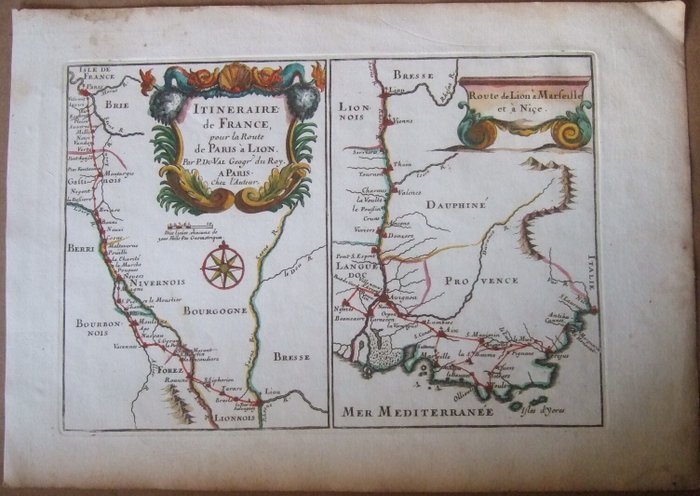 Frankrig - Paris Montargis Nevers Moulins Forez Lyon Vienne Tournon Valence Viviers Pont S.Esprit Avignon Nimes; Du Val - Itiniraire de la France .. Route de Paris a Lion, de Lion a Marseille et a Nice - 1661-1680