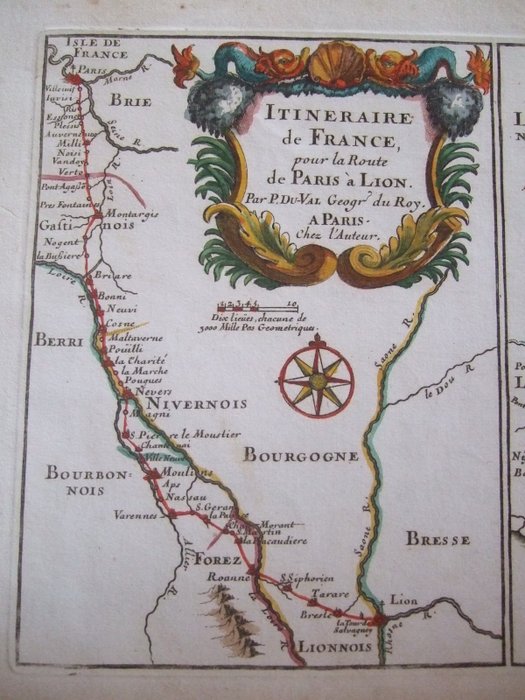 Frankrig - Paris Montargis Nevers Moulins Forez Lyon Vienne Tournon Valence Viviers Pont S.Esprit Avignon Nimes; Du Val - Itiniraire de la France .. Route de Paris a Lion, de Lion a Marseille et a Nice - 1661-1680