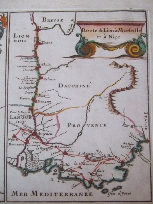 Frankrig - Paris Montargis Nevers Moulins Forez Lyon Vienne Tournon Valence Viviers Pont S.Esprit Avignon Nimes; Du Val - Itiniraire de la France .. Route de Paris a Lion, de Lion a Marseille et a Nice - 1661-1680