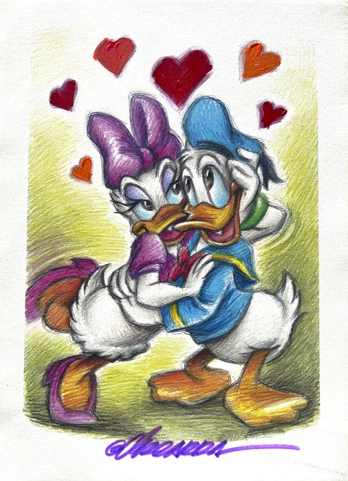 Joan Vizcarra - Donald Duck  Daisy Full In Love - Embellished Canvas